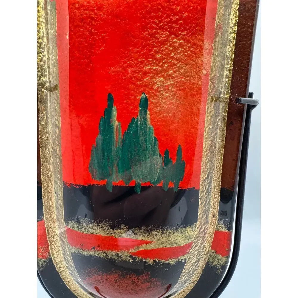 Vintage Jasmine Art Glass Vase in Metal Stand Black Gold Red Green Trees Vibrant